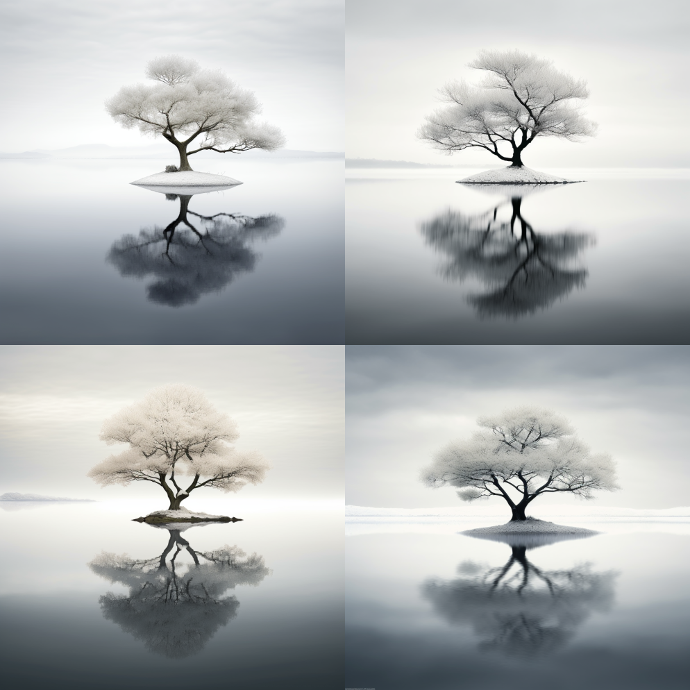 冬天的一棵树，湖面上的倒影，全白 – Midjourney Prompt