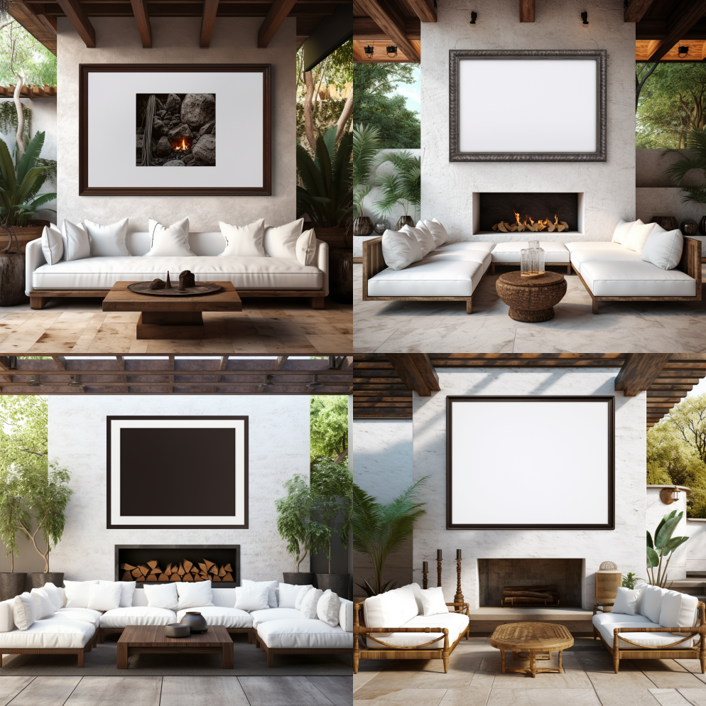 白色空框模型卧式，室外庭院，兼收并蓄的室 – Midjourney Prompt