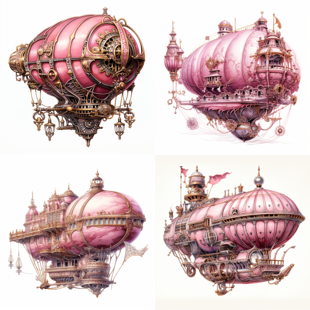 手绘蒸汽朋克飞艇，迷人的粉色哥特式色彩， – Midjourney Prompt