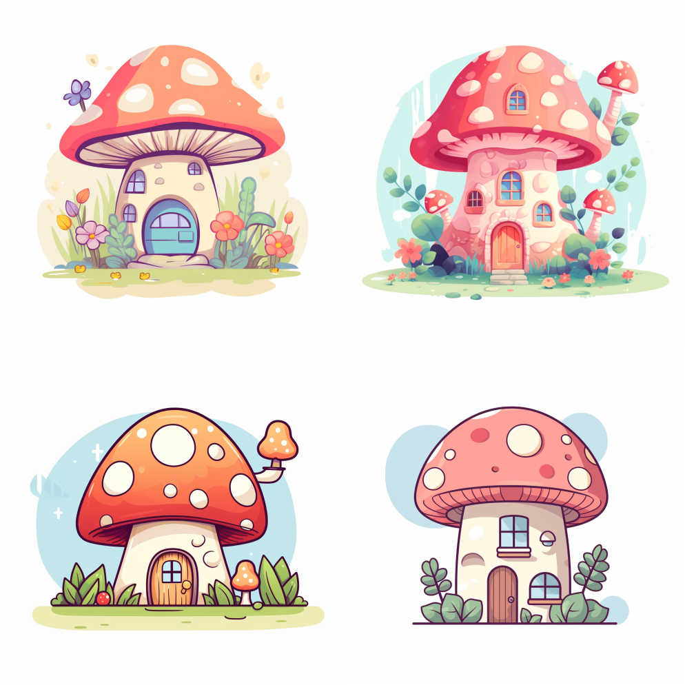 以可爱的蘑菇屋为特色的插图，简单干净，卡 – Midjourney Prompt