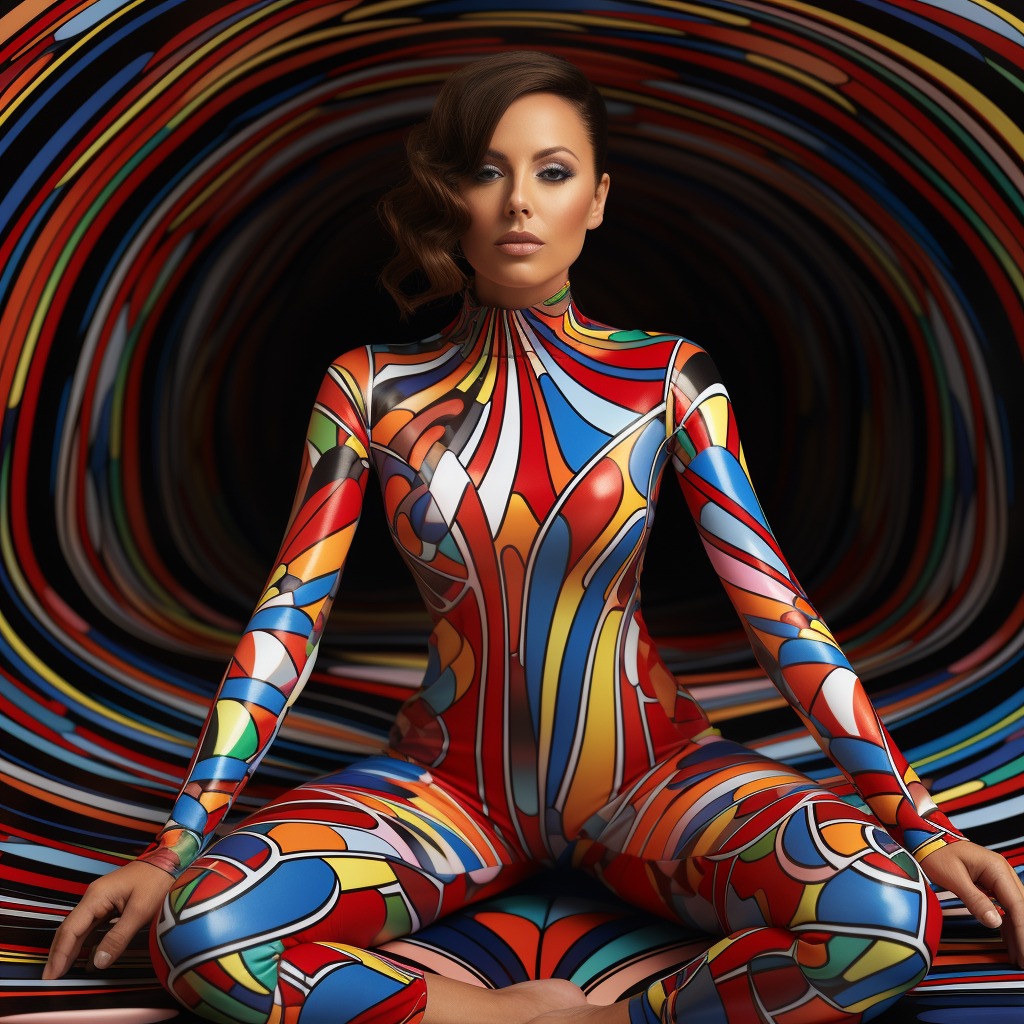 online catalog photo of op art snail-patterned shiny slick full-lenght haute couture bodysuit and fa