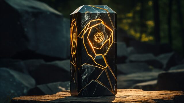 rune covered onyx rose and gold monolith: in the style of runepunk architecture