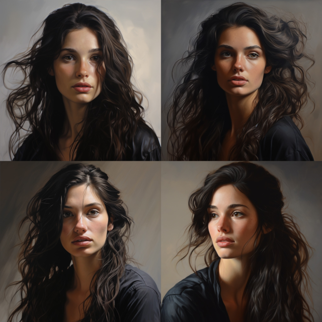 hyper realistic portrait of a woman. Hair: Waves of raven-black hair cascade down her shoulders