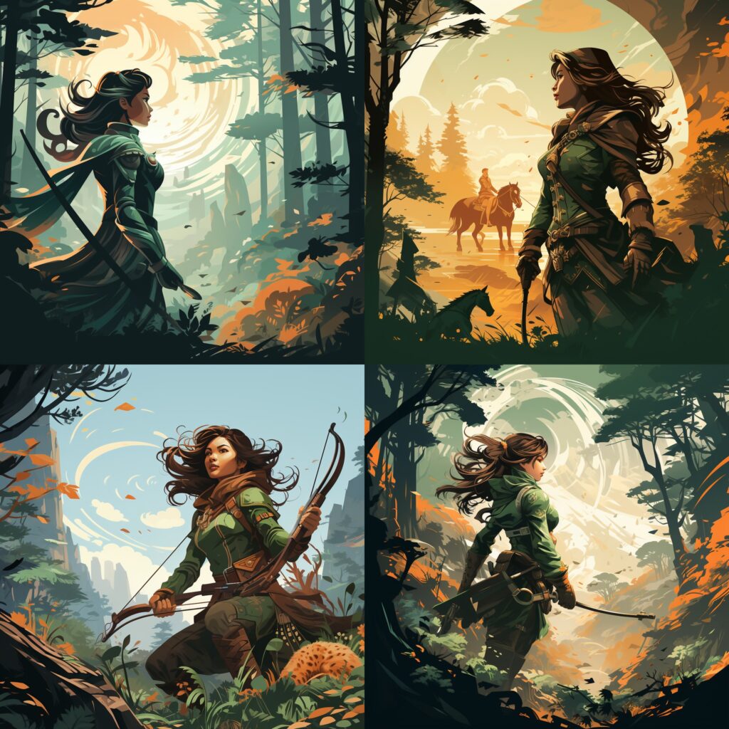 a woman fantasy ranger hero in green and brown forest garb