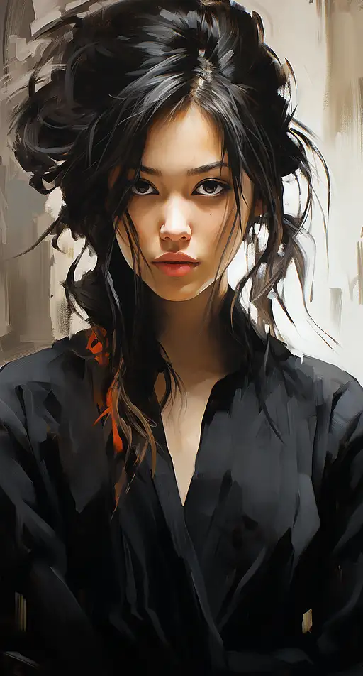 一幅亚洲女孩盘起头发的黑白画，风格为柔和的笔触现实主义，黑暗而沉思的设计师，我不敢相信这是多么美丽，工笔，四方，美丽的女人