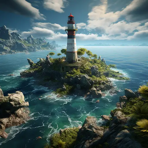 一座坐落在海洋小岛上的灯塔，采用真实幻想风格、cryengine、鸟瞰图、reefwave、tiago hoisel、背光、现实、照片、数字艺术、幻想