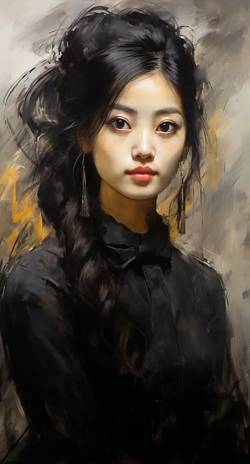 奥迪隆·雷东的炭笔画，素描肖像，只有脸，一个绝对美丽的娇小的韩国女人，一丝微笑，没有着色，没有着色