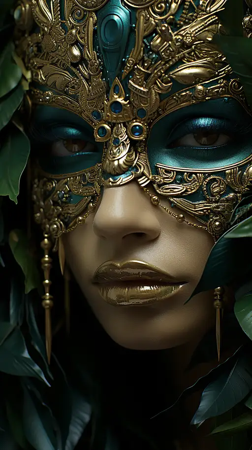 一个女人用绿叶遮住她的脸，在现实主义风格与幻想元素，daz3d, lori earley, uhd图像，宝石，复杂的服装，特写