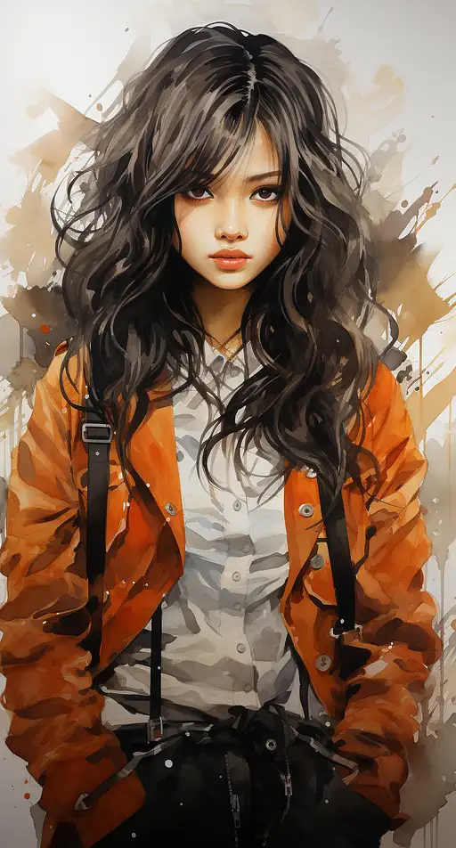 海报艺术为亚洲女子收藏，风格忧郁，暗橙白，动感动漫，写实水彩，任天核，天气核，神秘现实主义