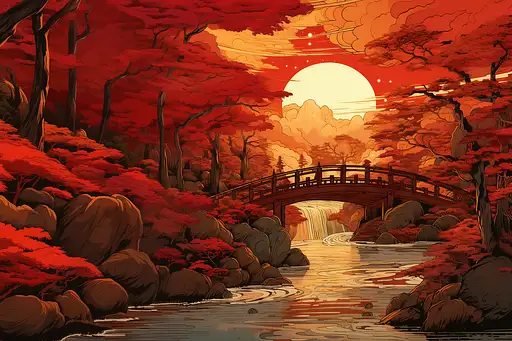 捕捉了一座悬挂在蜿蜒溪流上的风化红色木桥的精髓。沐浴在黄金时刻的阳光透过抽象排列的风格化树木发出的温暖、空灵的光芒中，这一场景融合了怀旧与现代活力