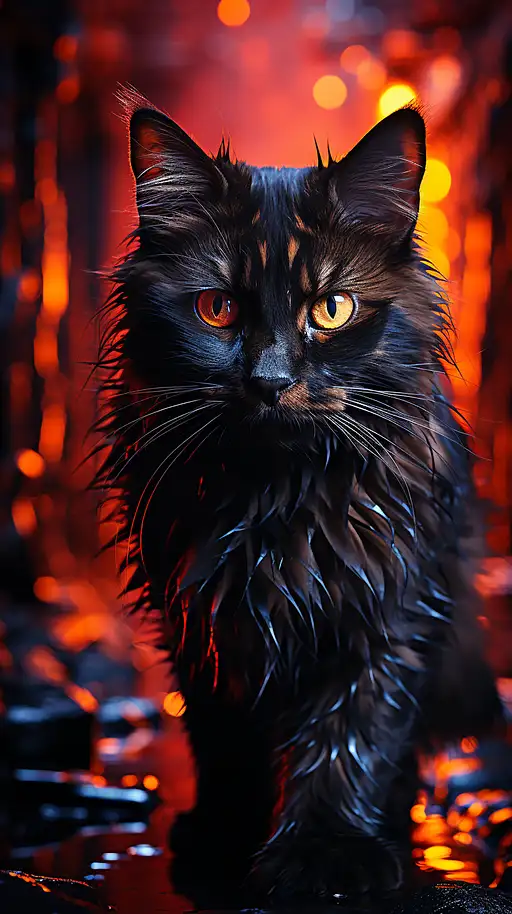 黑猫的肖像照片，充满闪电色彩，凶猛的眼睛，浅散景，复杂，（钢金属（锈）-）+，优雅，锐利的焦点，i，柔和的灯光，鲜艳的色彩，杰作，（街道），8k 细节， 高质量