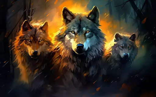 在黑暗中看到多只狼，采用数字表现主义、发光光景、深灰色和浅琥珀色、hdr 风格