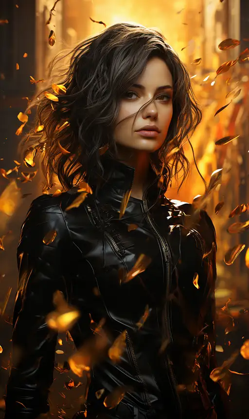 这位女士穿着未来派的黑色皮套装，风格为动画 GIF、柔焦现实主义、泼溅/滴水、金色光芒、闪电波、catcore、新维多利亚风格