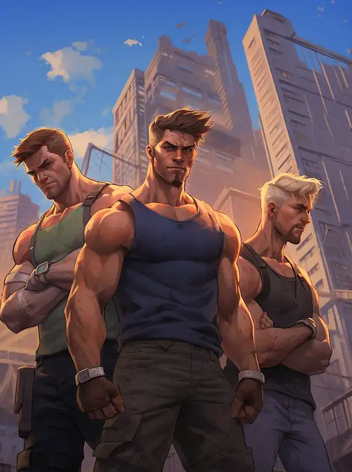 四个男人站在一座城市前，看起来像是在锻炼，以恶魔核心的风格，我不敢相信这是多么美丽，富有表现力的眼睛，剪切/撕裂，冲突核心