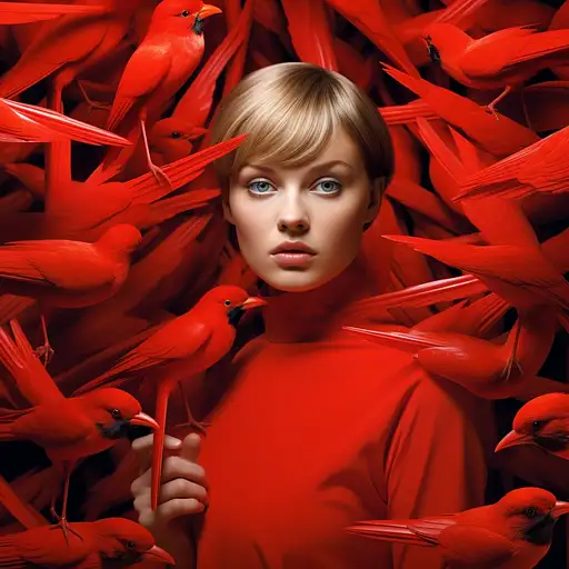 女人在她身边的红色小鸟，以梦幻般的构图风格，特写，专辑封面，让·奥古斯特·多米尼克·安格尔，大胆而多彩的平面设计