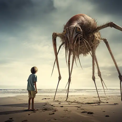 海滩上一只害怕的小鸡旁边的巨型蚊子，照片，数字艺术，幻想