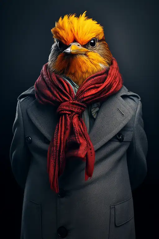 一只穿着橙色头发和围巾的鸟，暗黄和红，陈真，卡拉特，波普艺术流行，有特色的动物肖像，炸弹弹