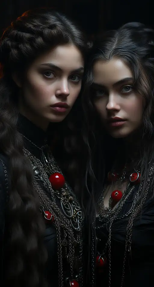 吸血鬼壁纸显示两名女性摆出长发和许多项链的姿势，采用暗物质艺术风格，发光阴影，超现实肖像，锐利焦点，巫术崇拜者，强烈的特写镜头，强烈的面部表情