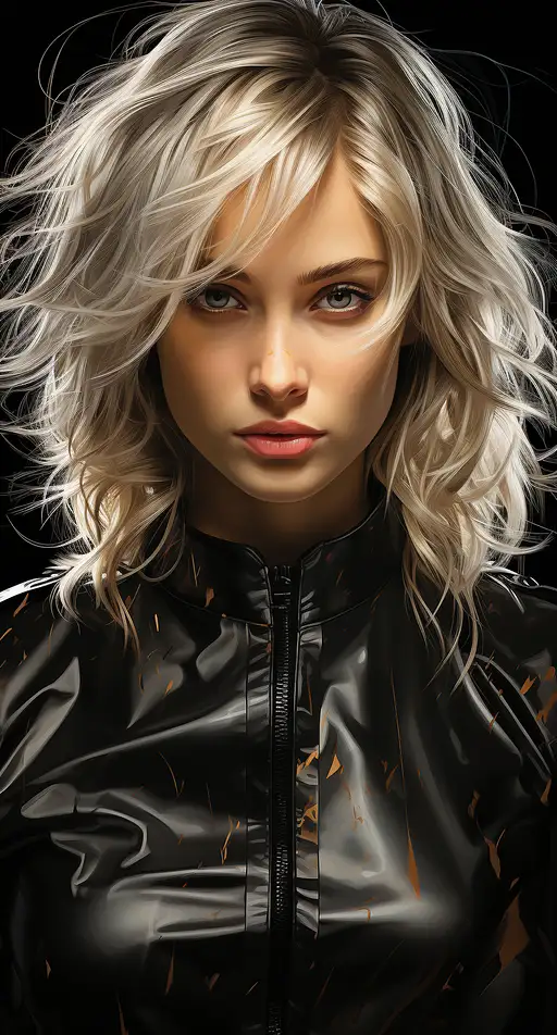 这幅画描绘了一位金发女郎身穿黑色衬衫和黑色皮革，采用漫画风格的图形，喷枪艺术，深白和青铜色，超级英雄，引人注目的细节，锐利的焦点，迷人的人物