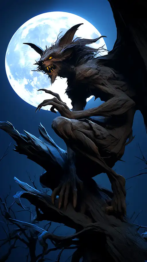 阿斯旺，可怕的怪物，有蝙蝠般的翅膀和獠牙，潜伏在树后，满月在背景中，黑暗，令人毛骨悚然，恐怖，令人难以忘怀，菲律宾民间传说，超现实主义，照片写实，8k，虚幻引擎，3D渲染