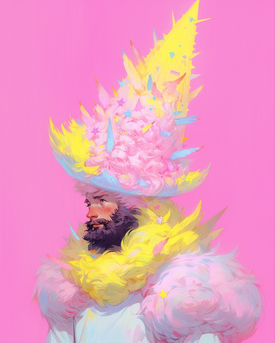 mesmerizing hirsute man in neon pink and yellow haute couture hirsute headgear
