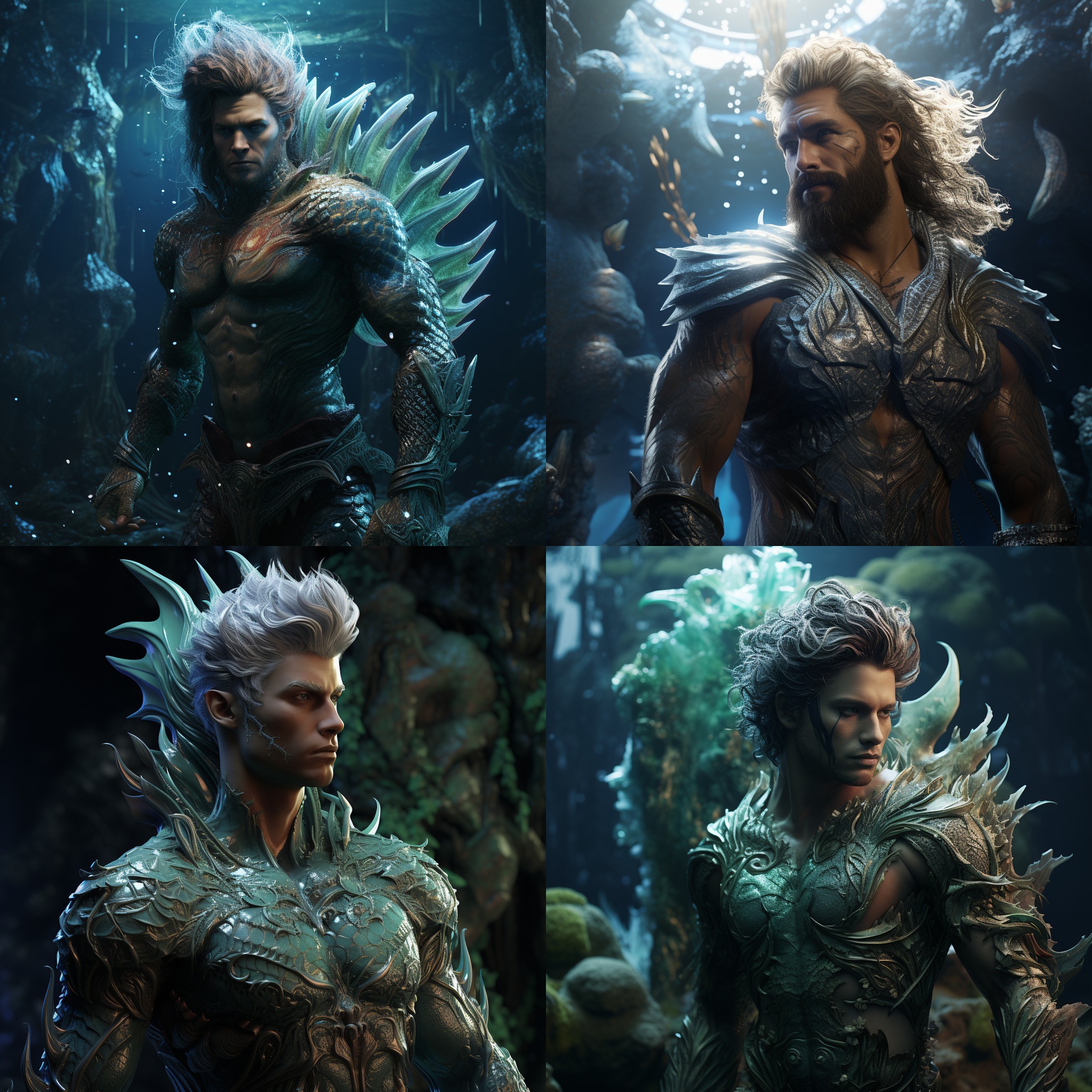 create a handsome merman in an underwater fantasy world