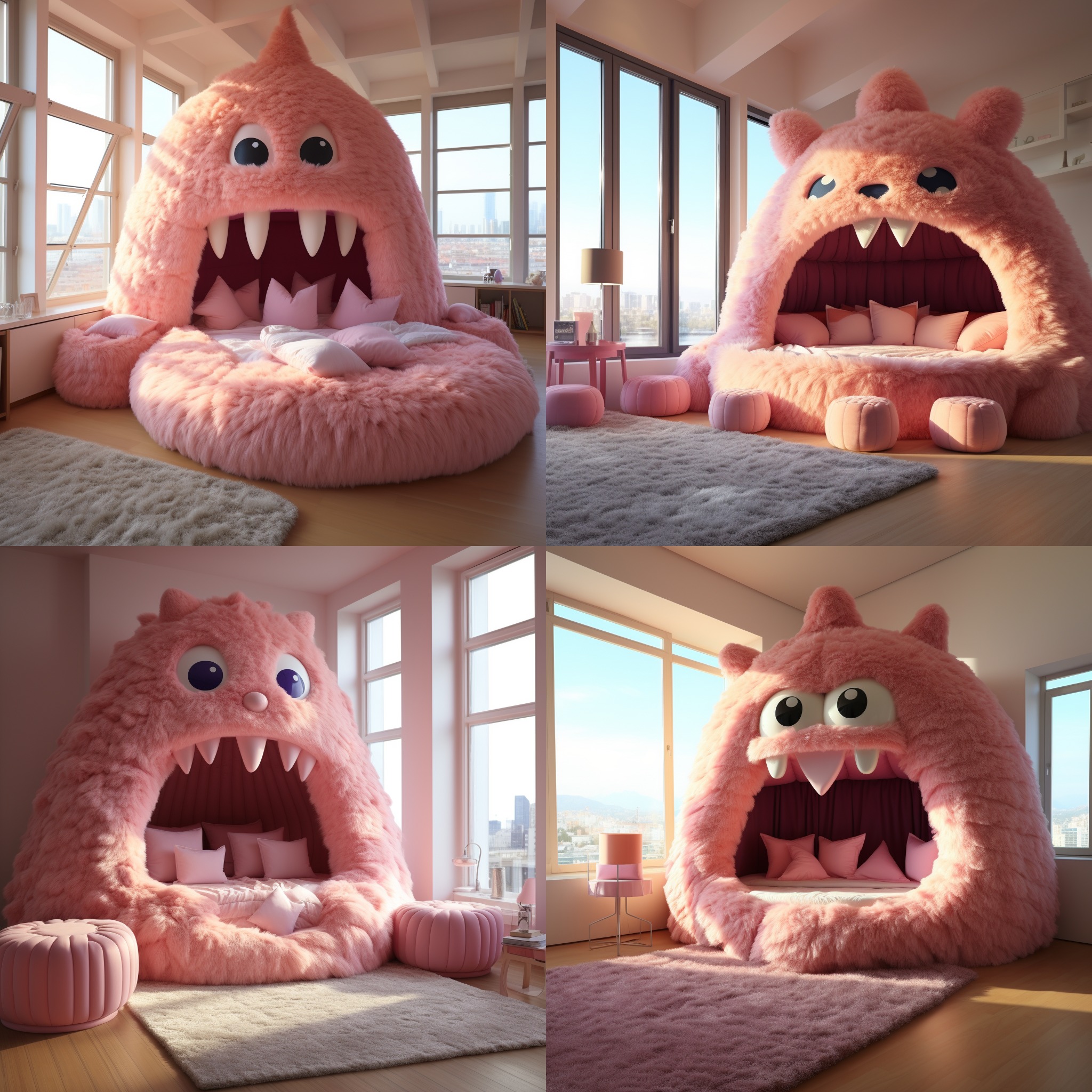 A huge bed shaped like a cute light pink monster furry with pillows on the bed in a bright large roo