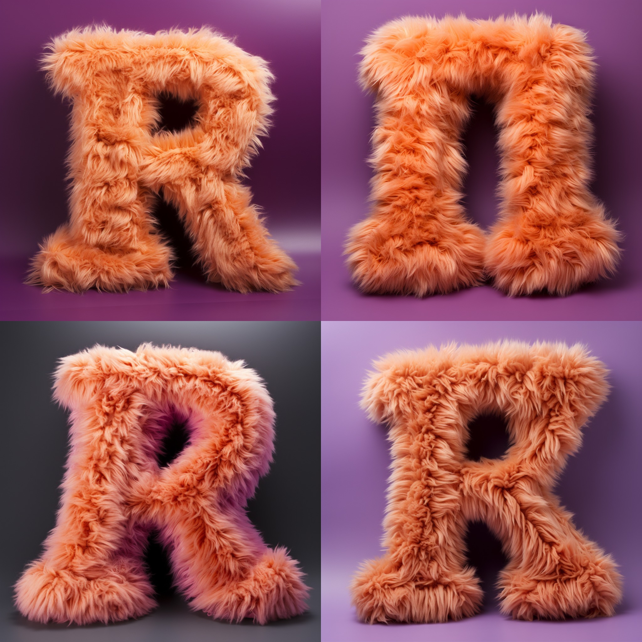 , fuzzy knitted bright orange letter “R”, view from the top –s 750