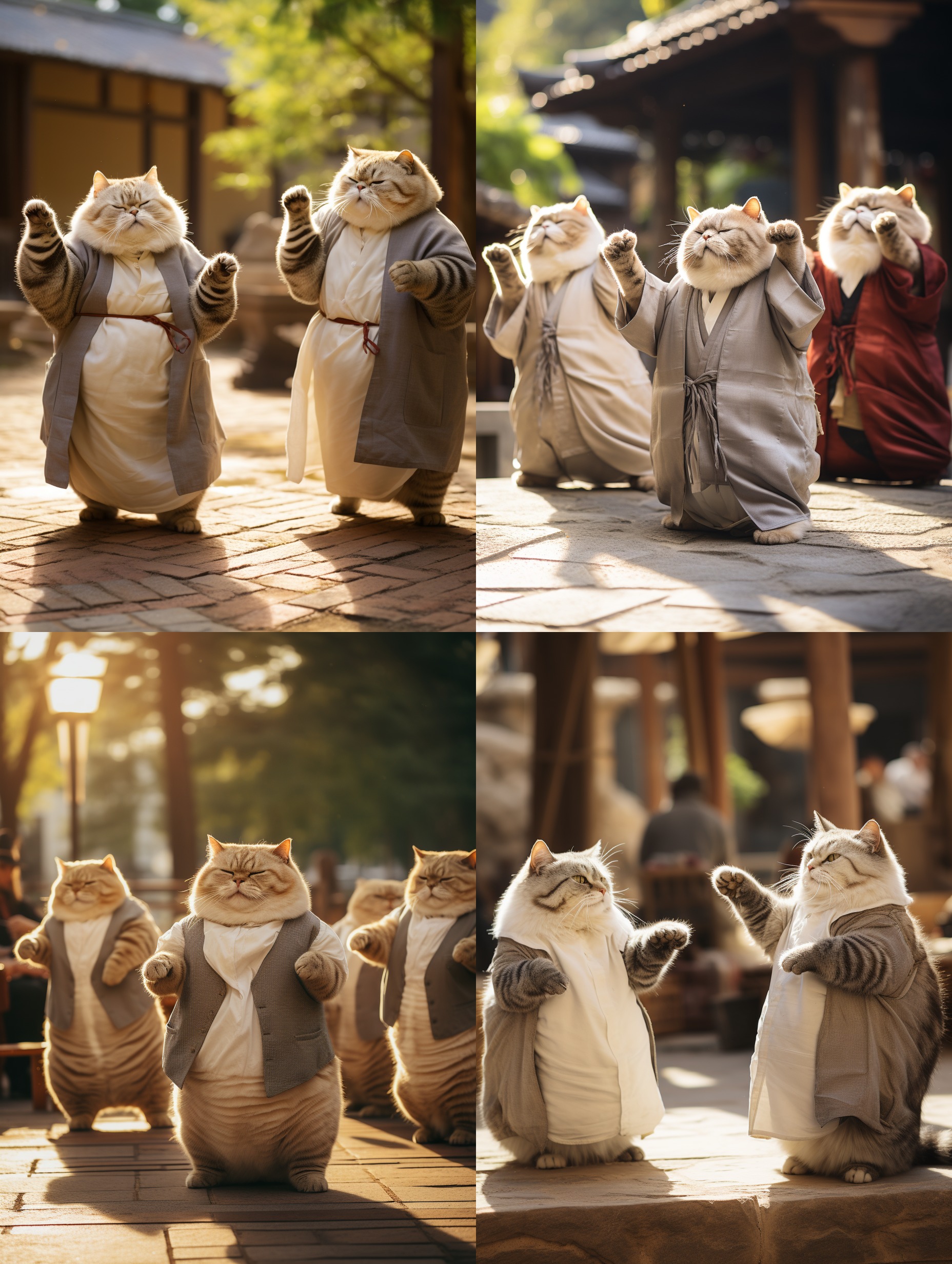 funny fat cats playing tai chi in a square