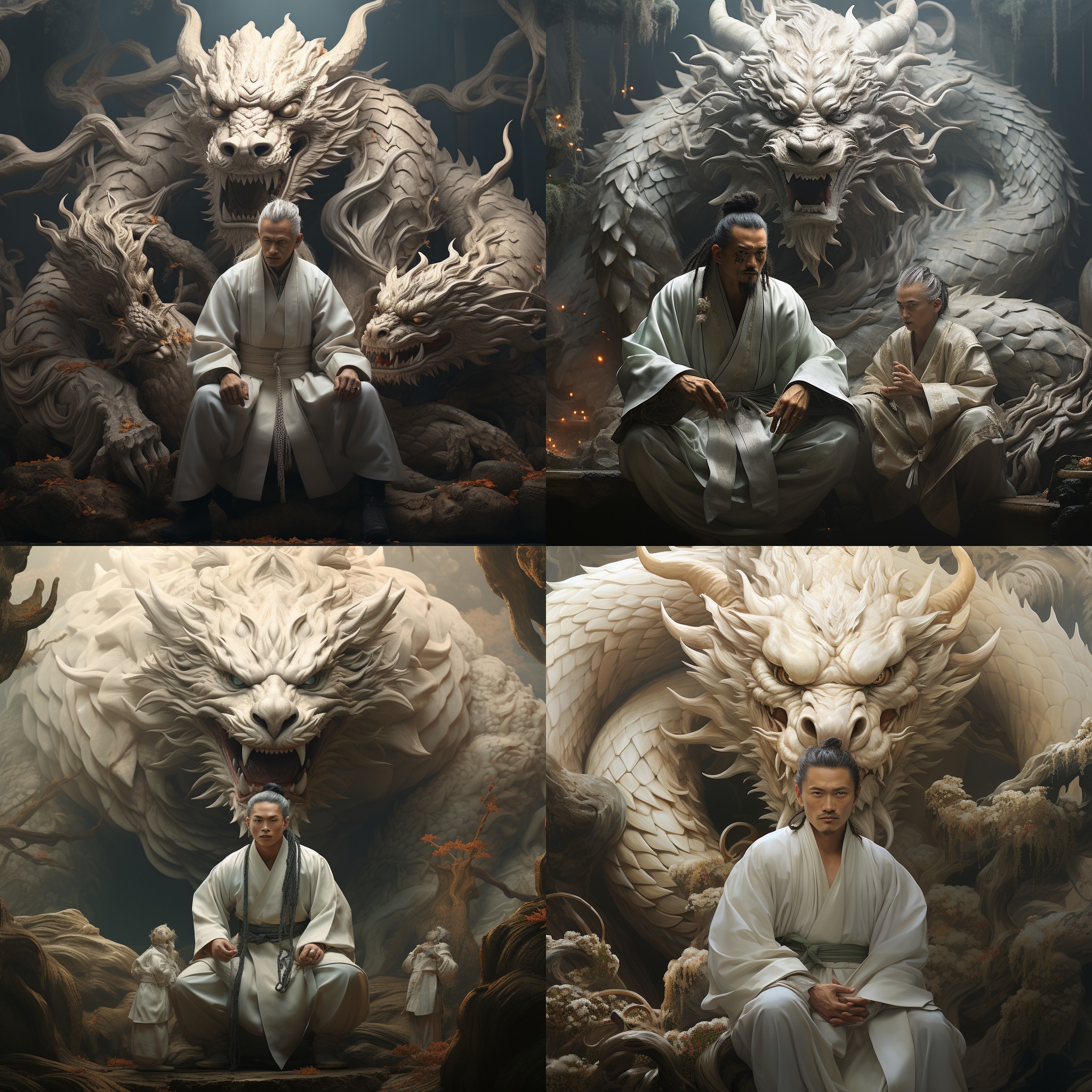three big white dragons with two small men