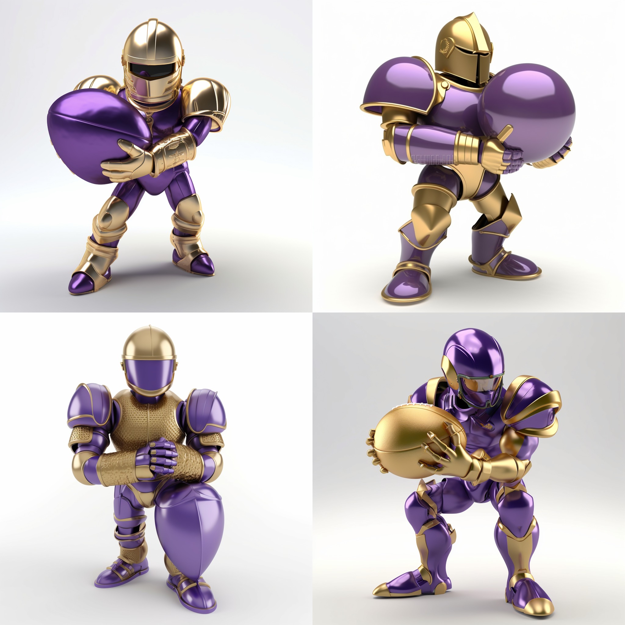 3d image of a knight in a purple and gold football uniforn