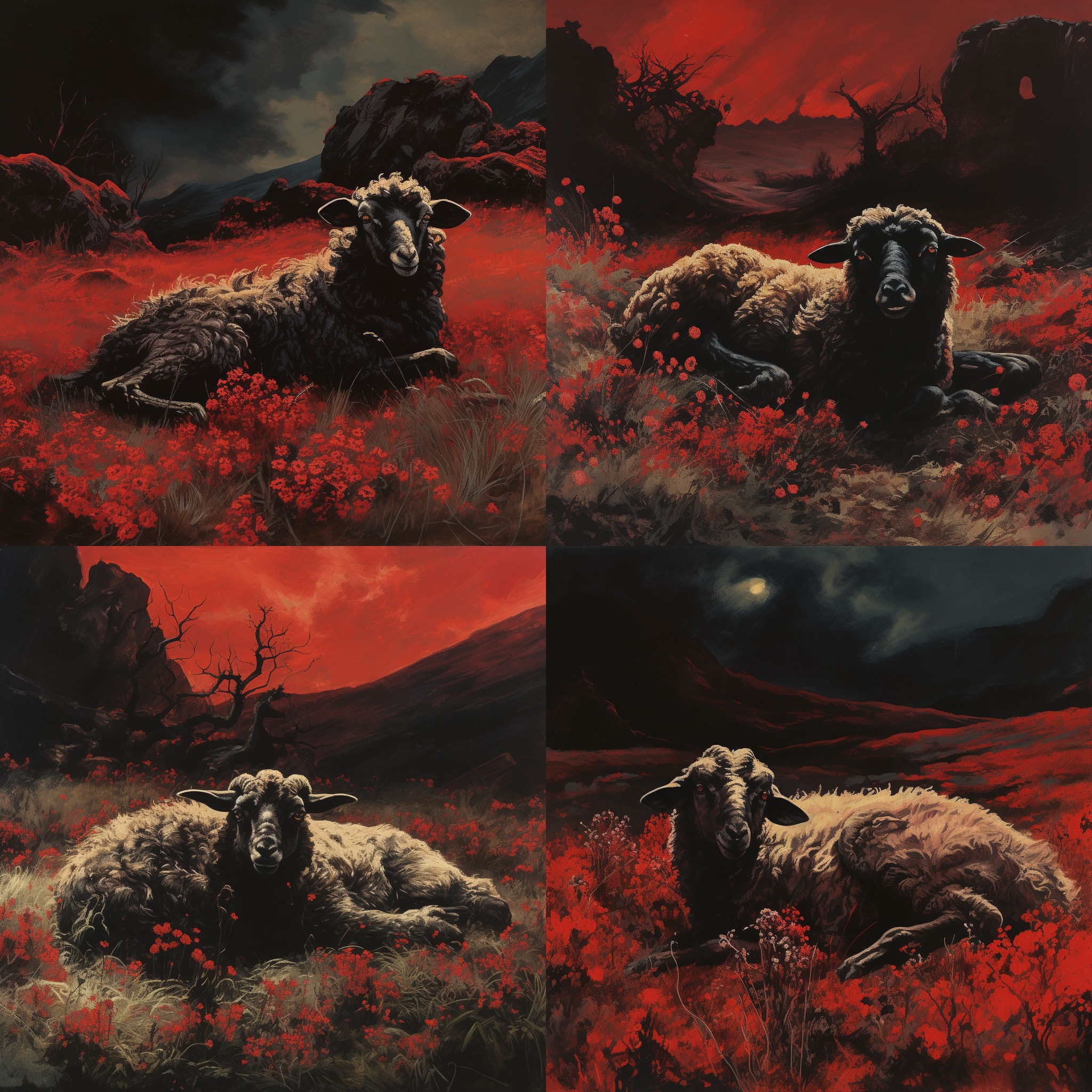A painting of a lambs stomach. the lamb is laying on its back in the meadow with red and black paint