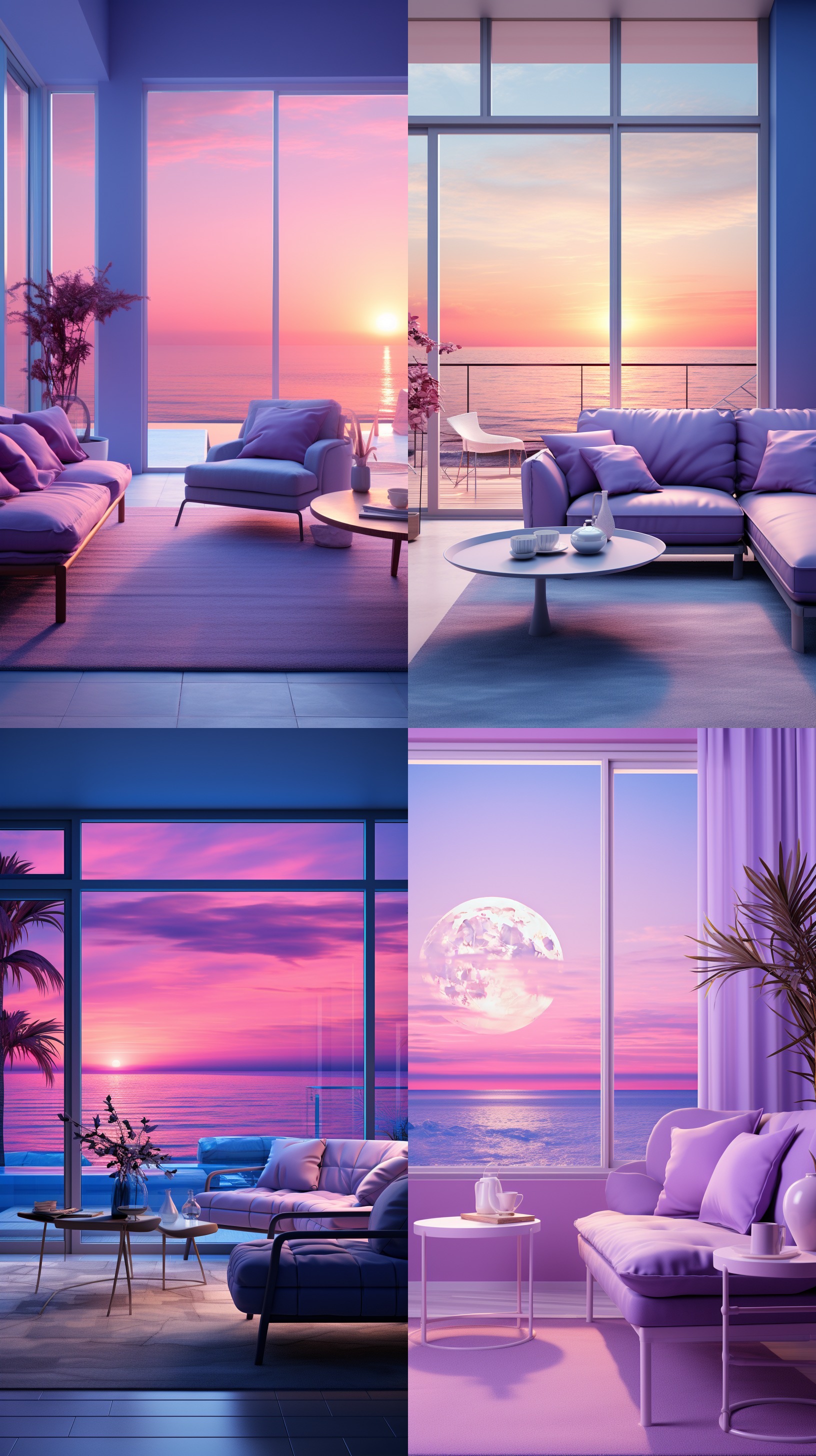 a room with purple furniture and ocean