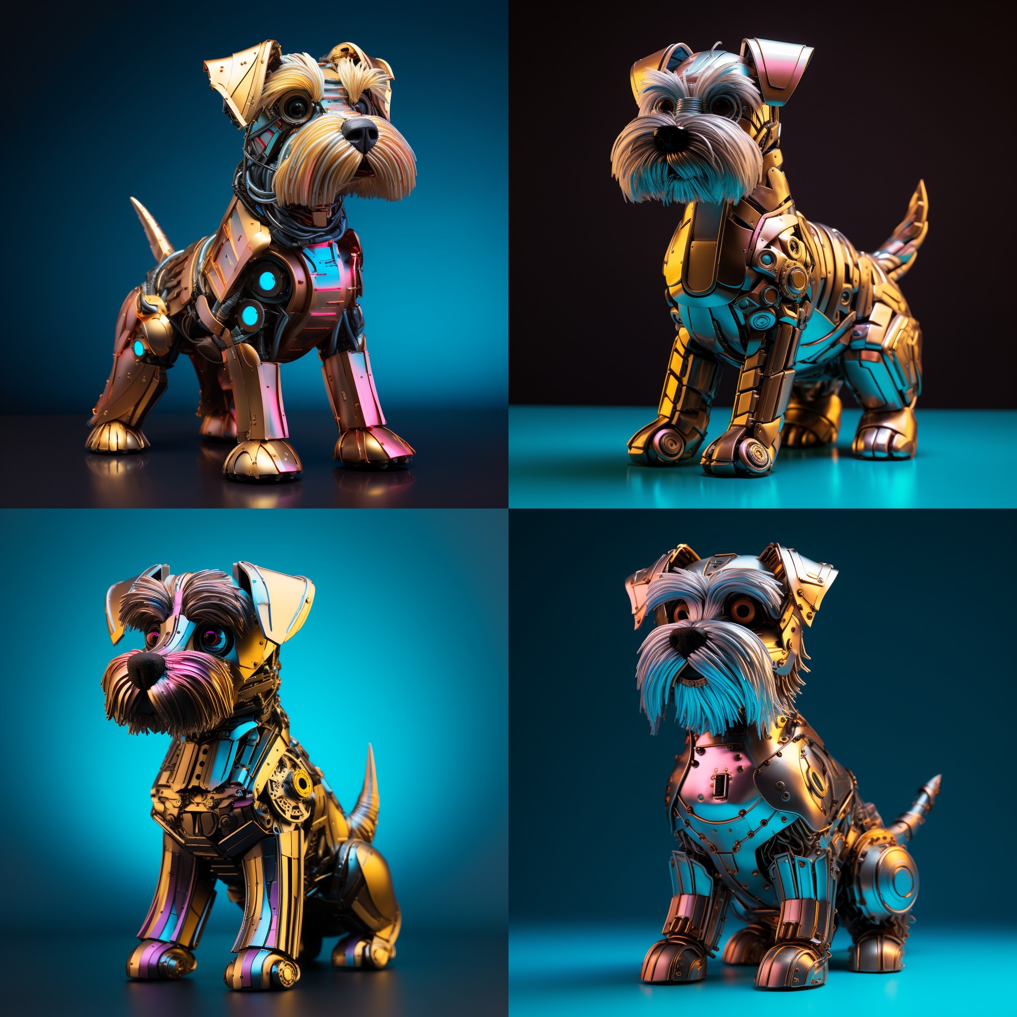 a pixar style retro-futuristic cute golden sculpture of a schnauzer dog looking straight. The backgr