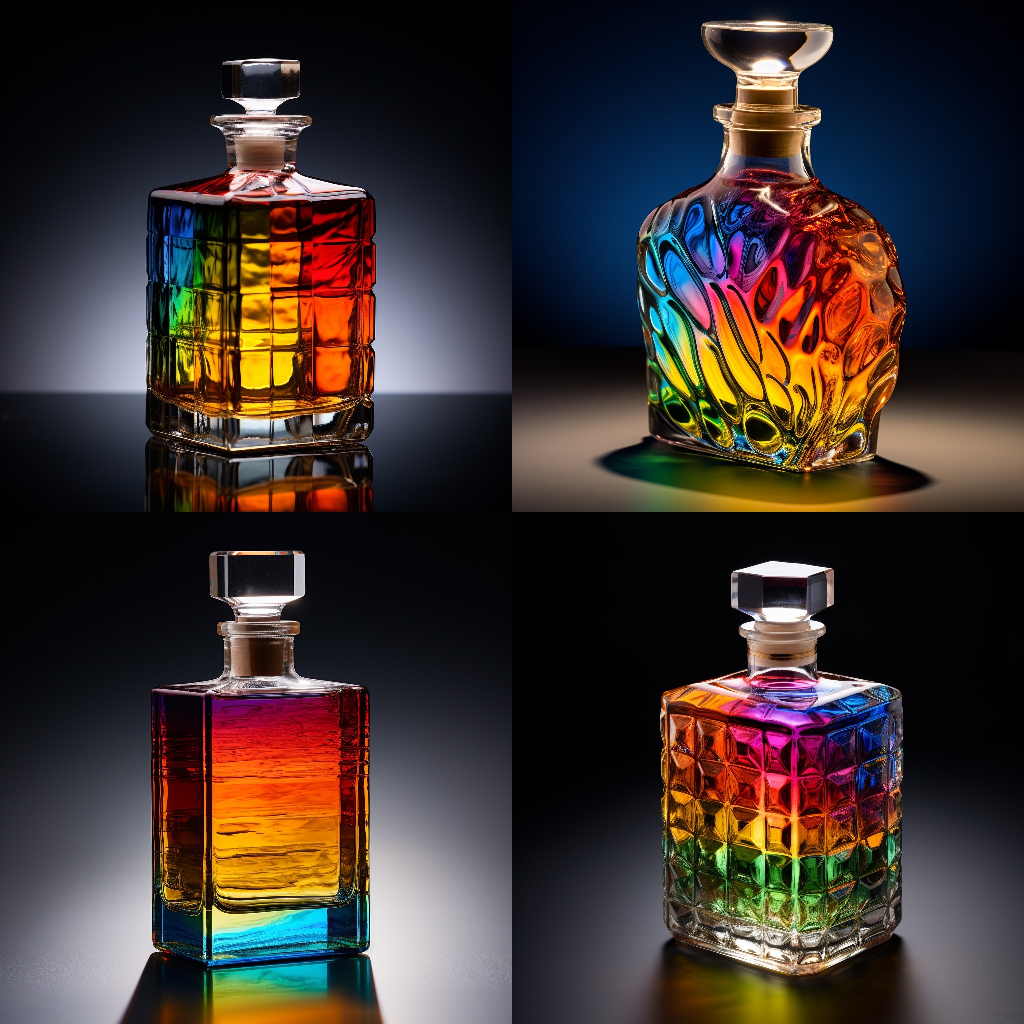a whiskey bottle thats made of rainbow colored glass