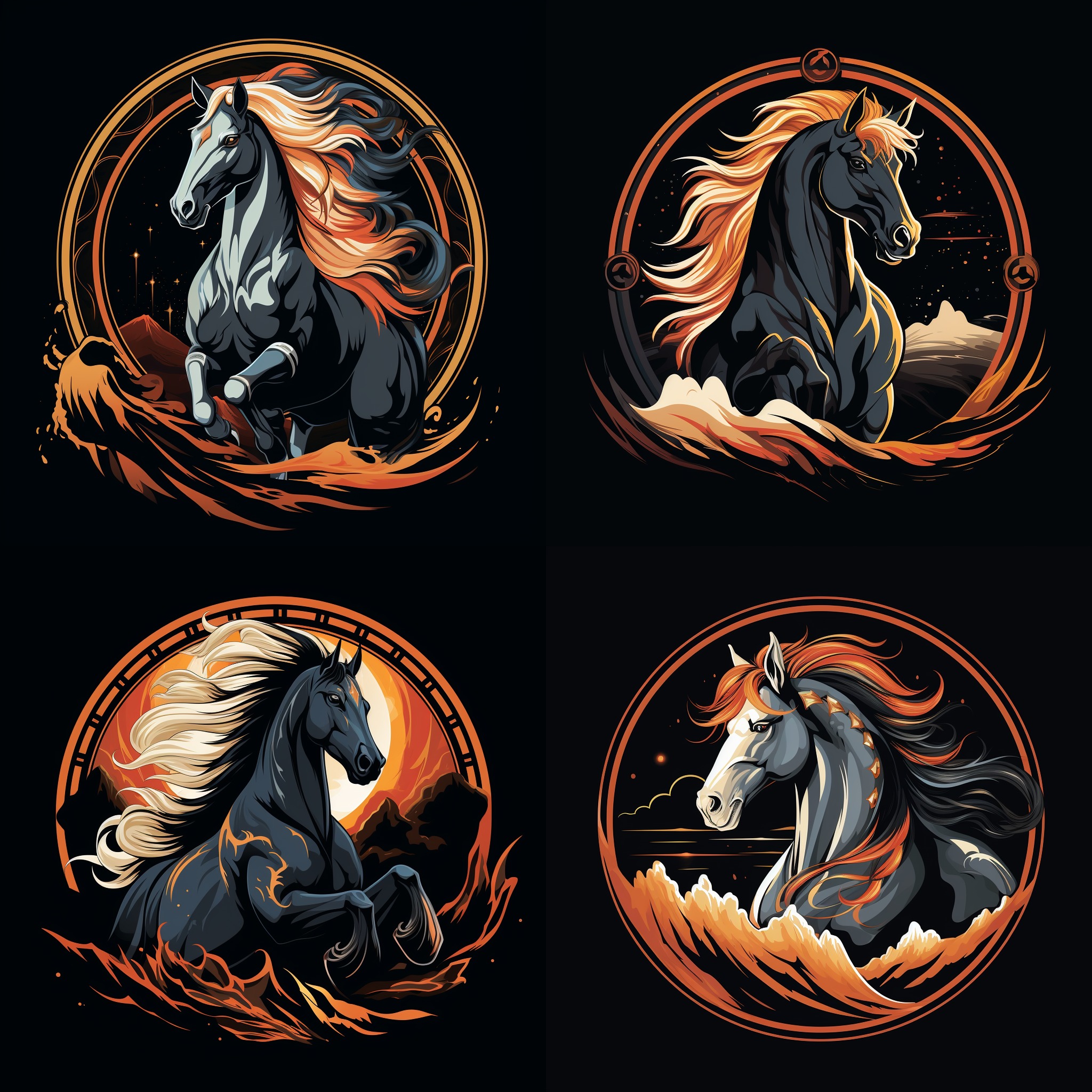 Midjourney Prompt: Create a bold vector emblem featuring a majestic horse. black background. –s 550