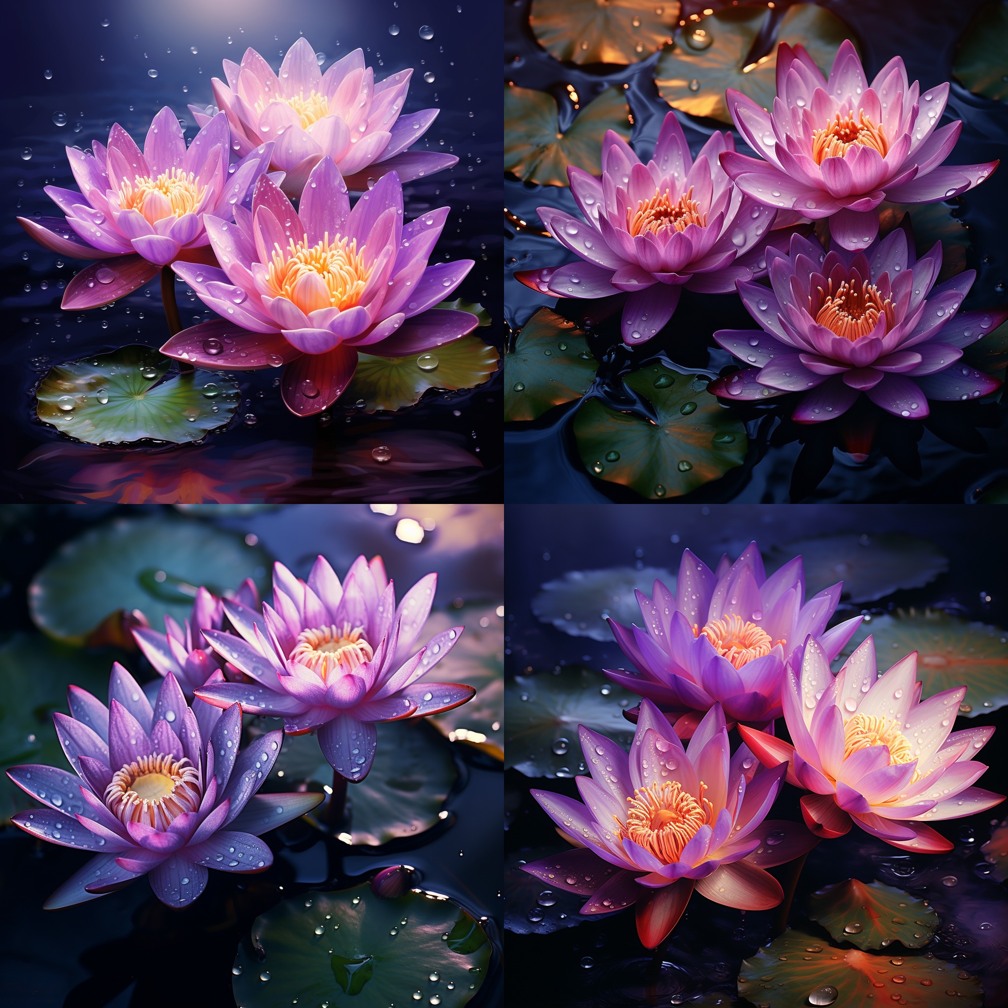 Purple and pink water lilies on the water