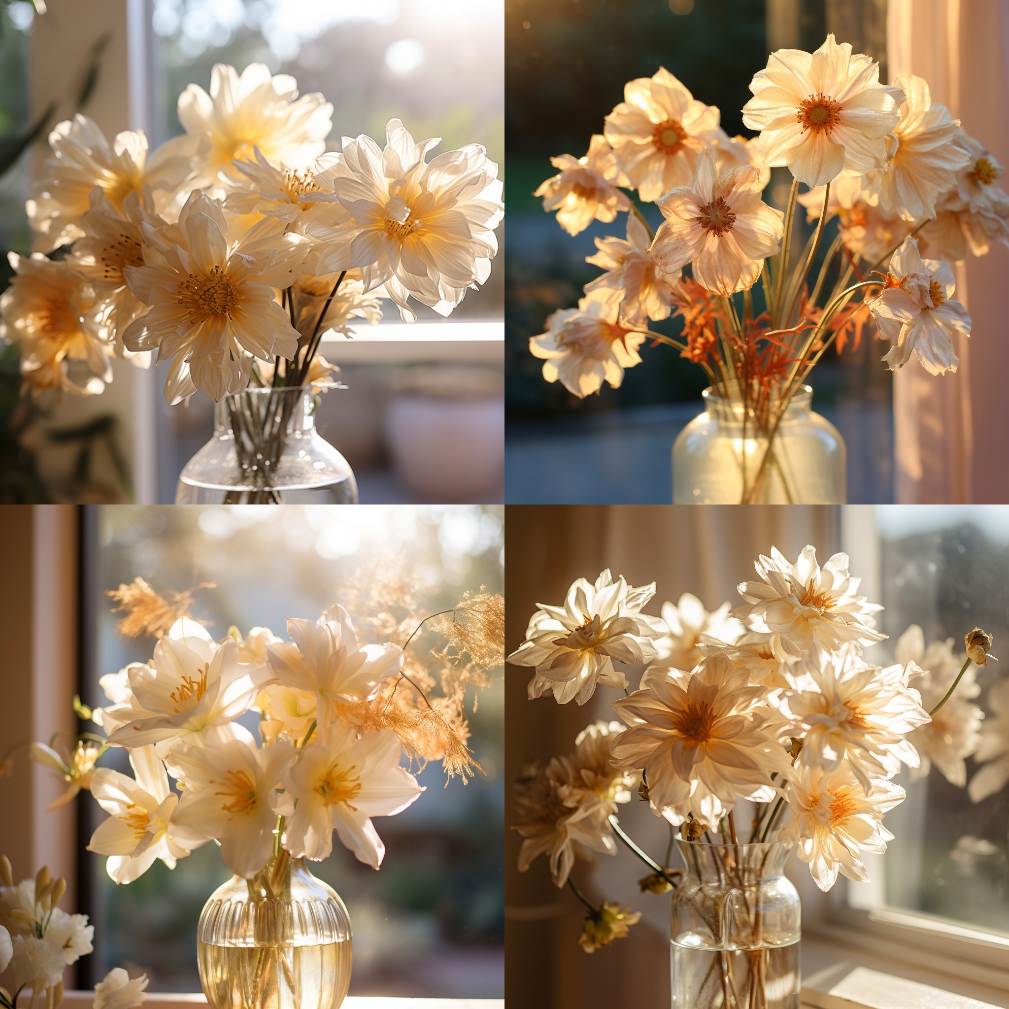 light gold flowers arranged in a glass vase