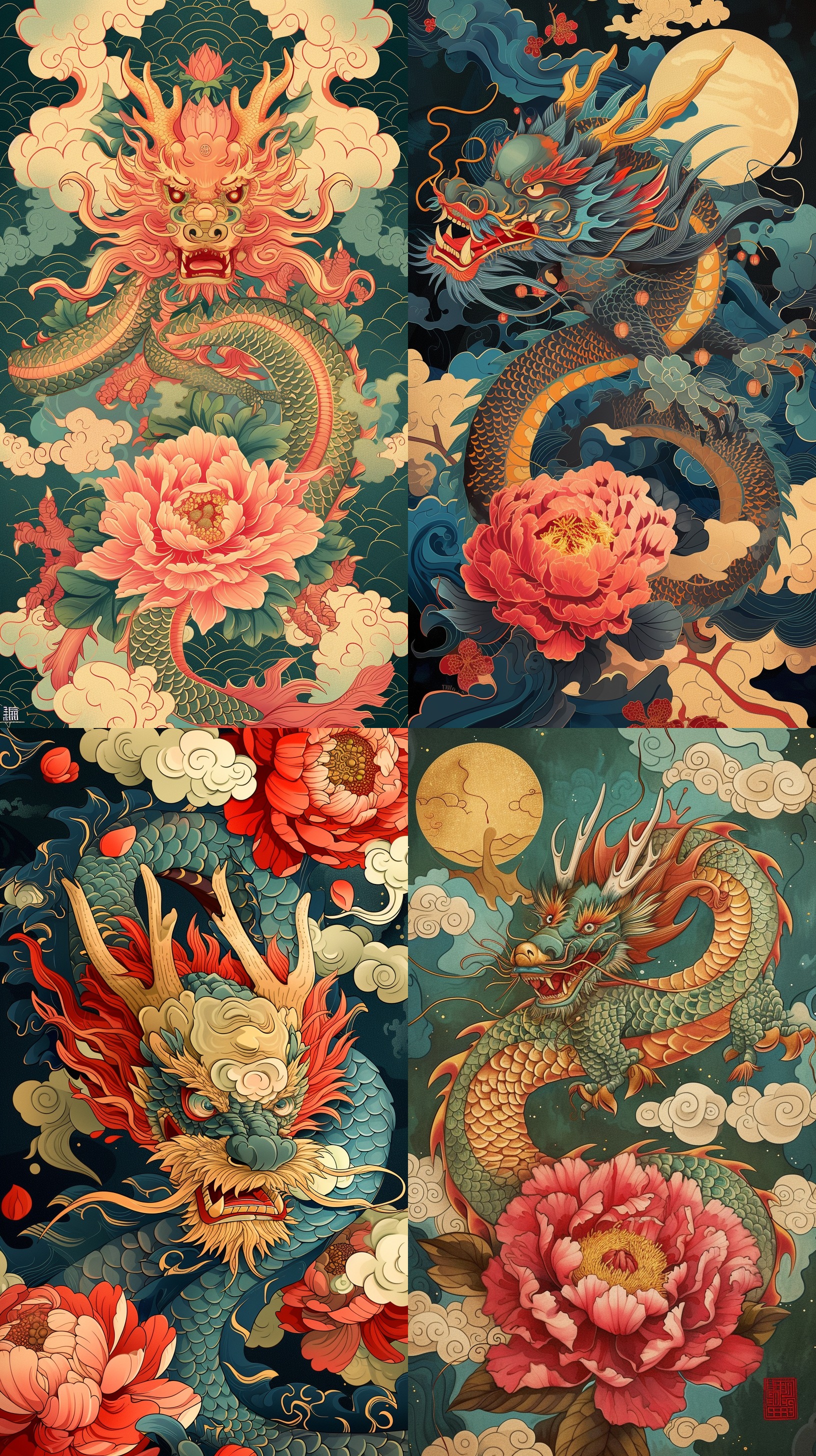 Chinese dragon portraits by peony flower and clouds